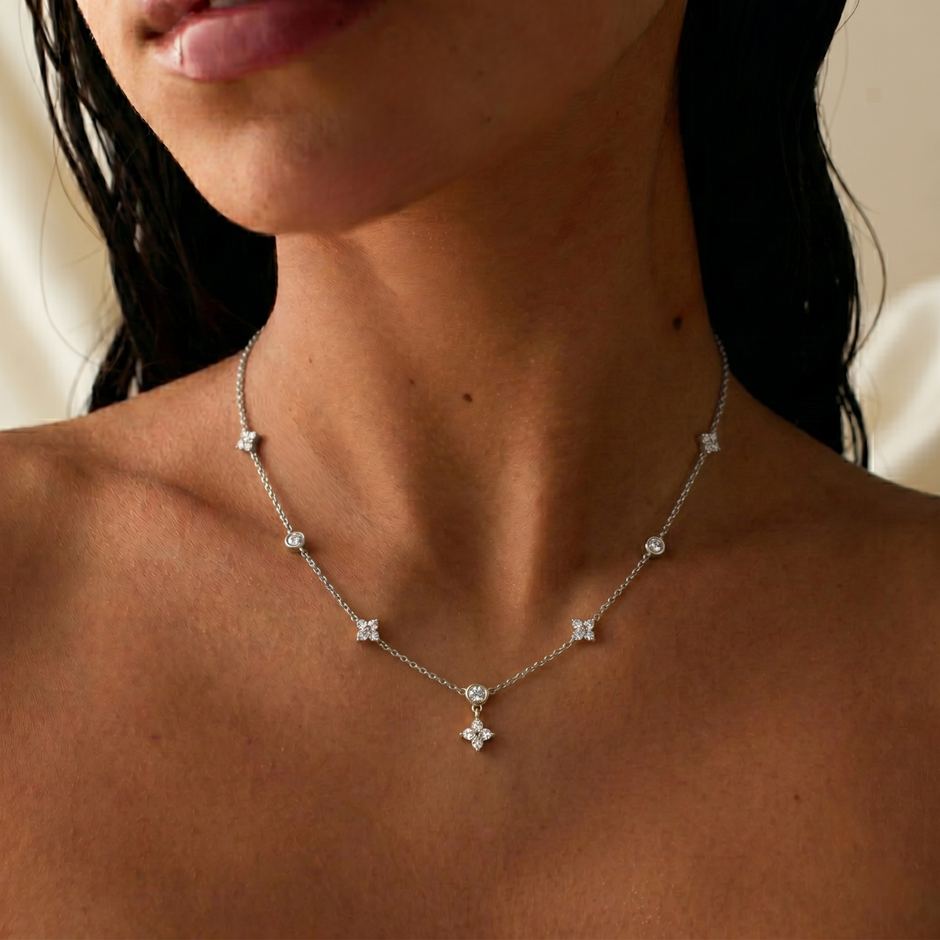 Flower Kristall Kette Silber