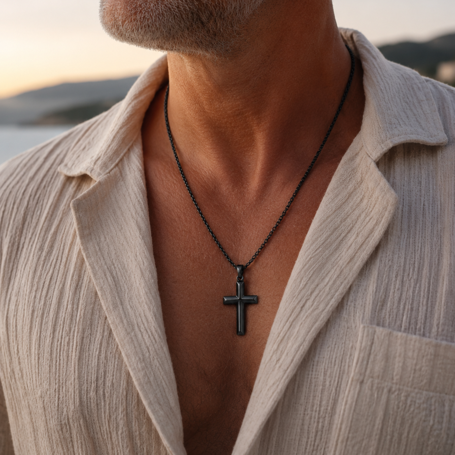 Herren Kreuz Kette Schwarz